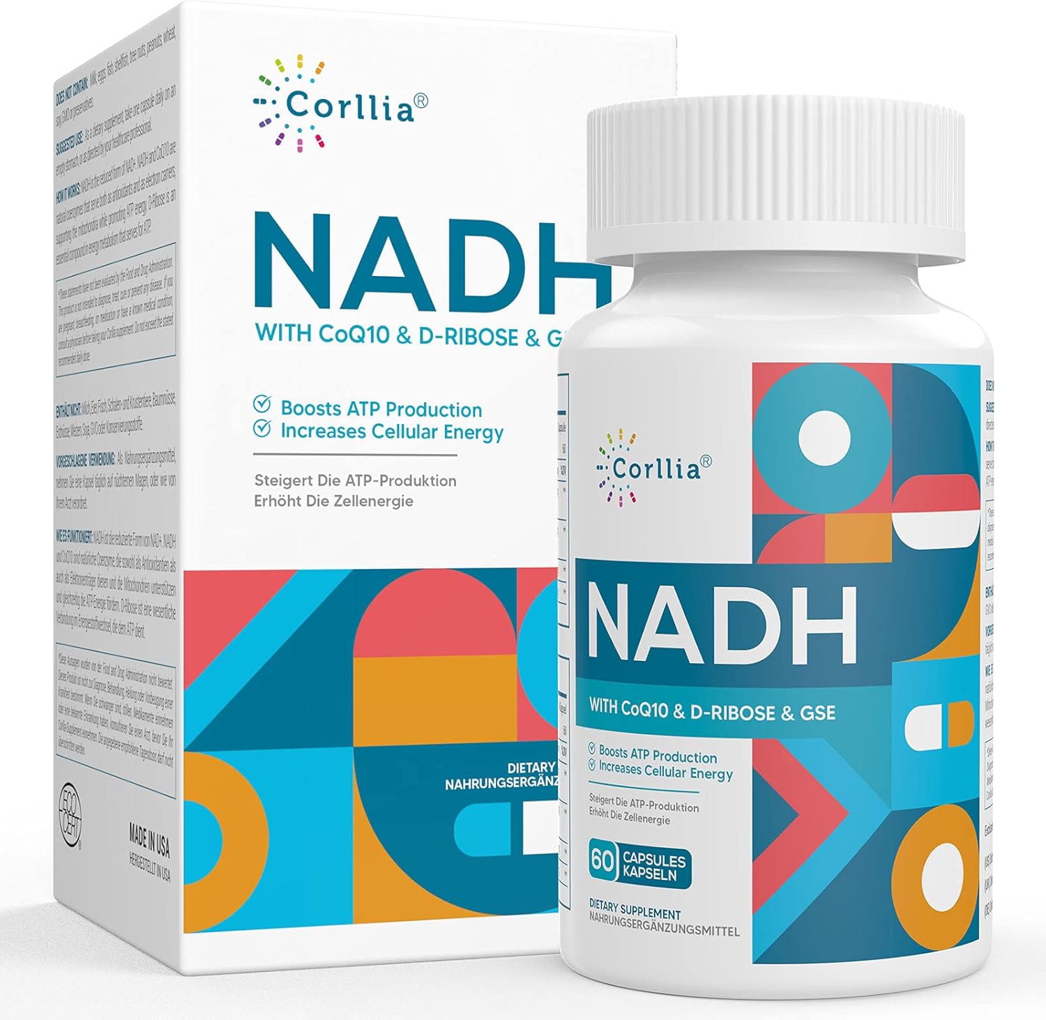 NADH 50mg + CoQ10 200mg + D-核糖150mg补充剂,NAD补充剂,还原烟酰胺腺嘌呤二核苷酸,60粒素食胶囊