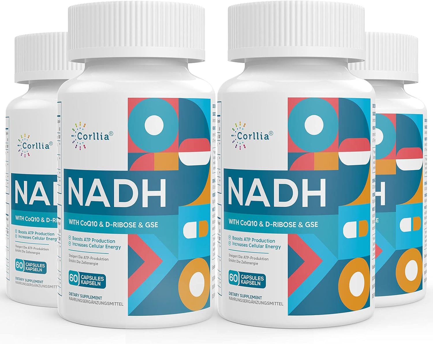 NADH 50mg + CoQ10 200mg + D-核糖150mg补充剂,增强NAD + 增强剂补充剂能量,疲劳,减少烟酰胺腺嘌呤二核苷酸,240粒素食胶囊